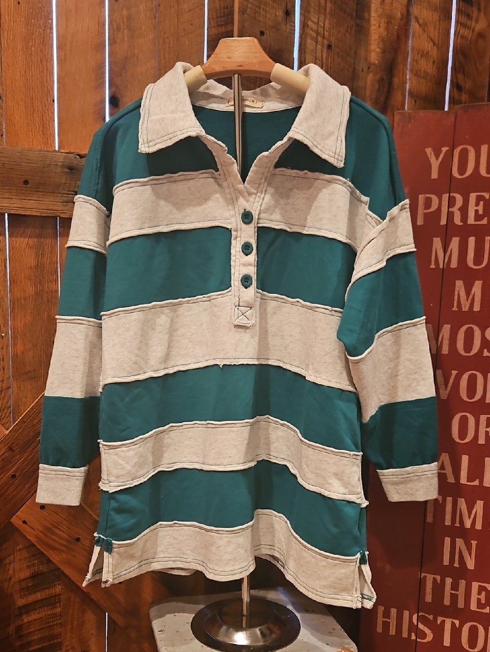 390 Teal and Cream Striped Rugby Pullover Hoodie